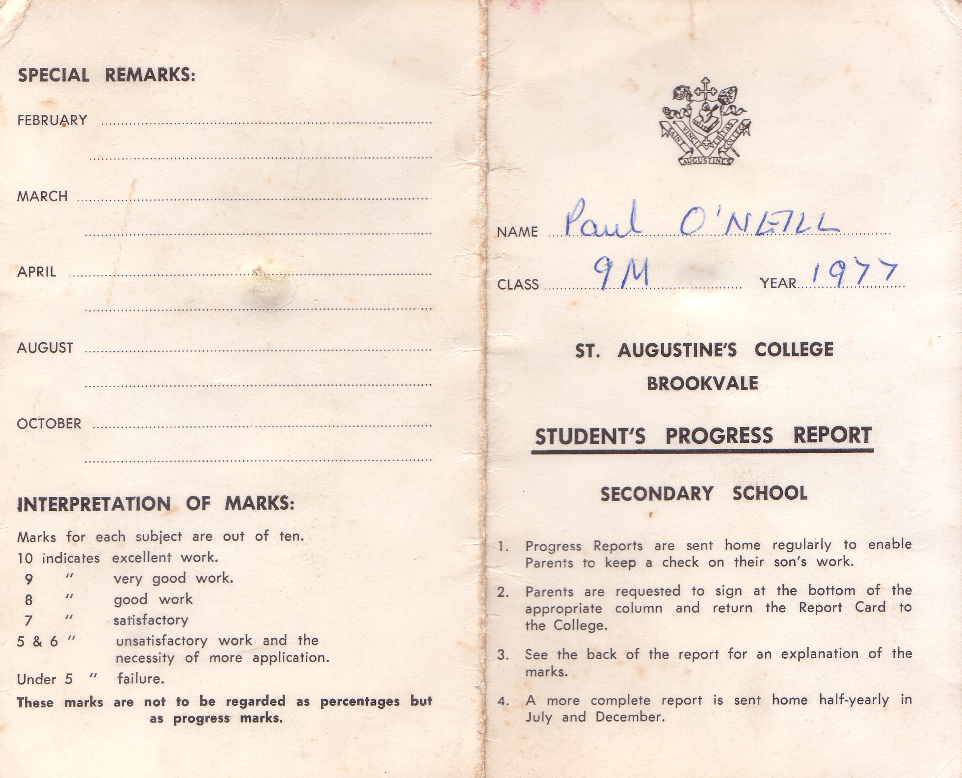 1977 - Class 9M progress report card